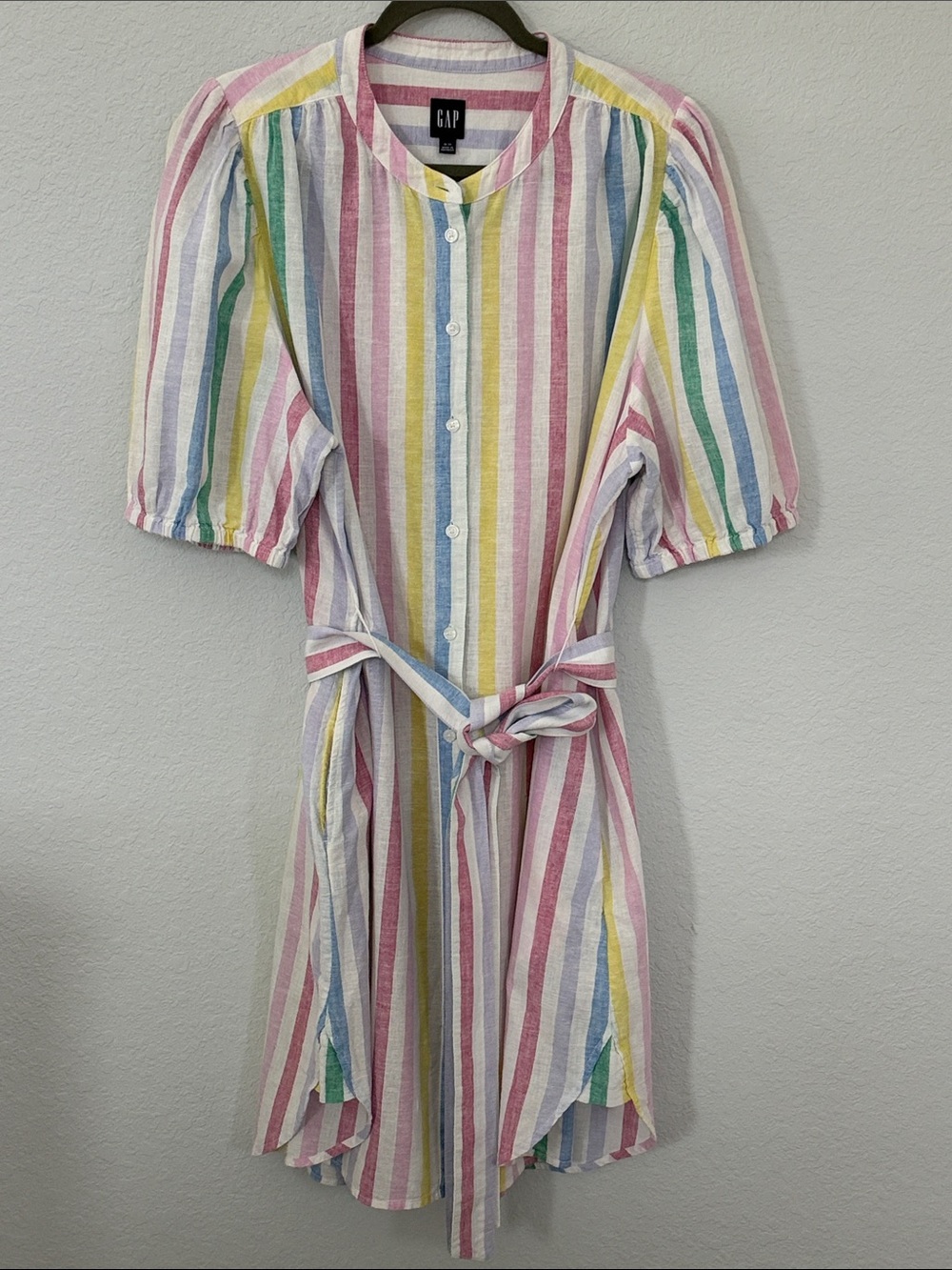 GAP XL Linen Blend Rainbow Stripe Belted Puff Sleeve Shirt Dress
